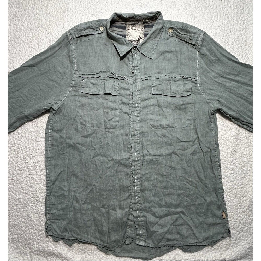 Zenfari Mens XL Sage Green 100 Linen Safari Military Epaulets Shirt Llama